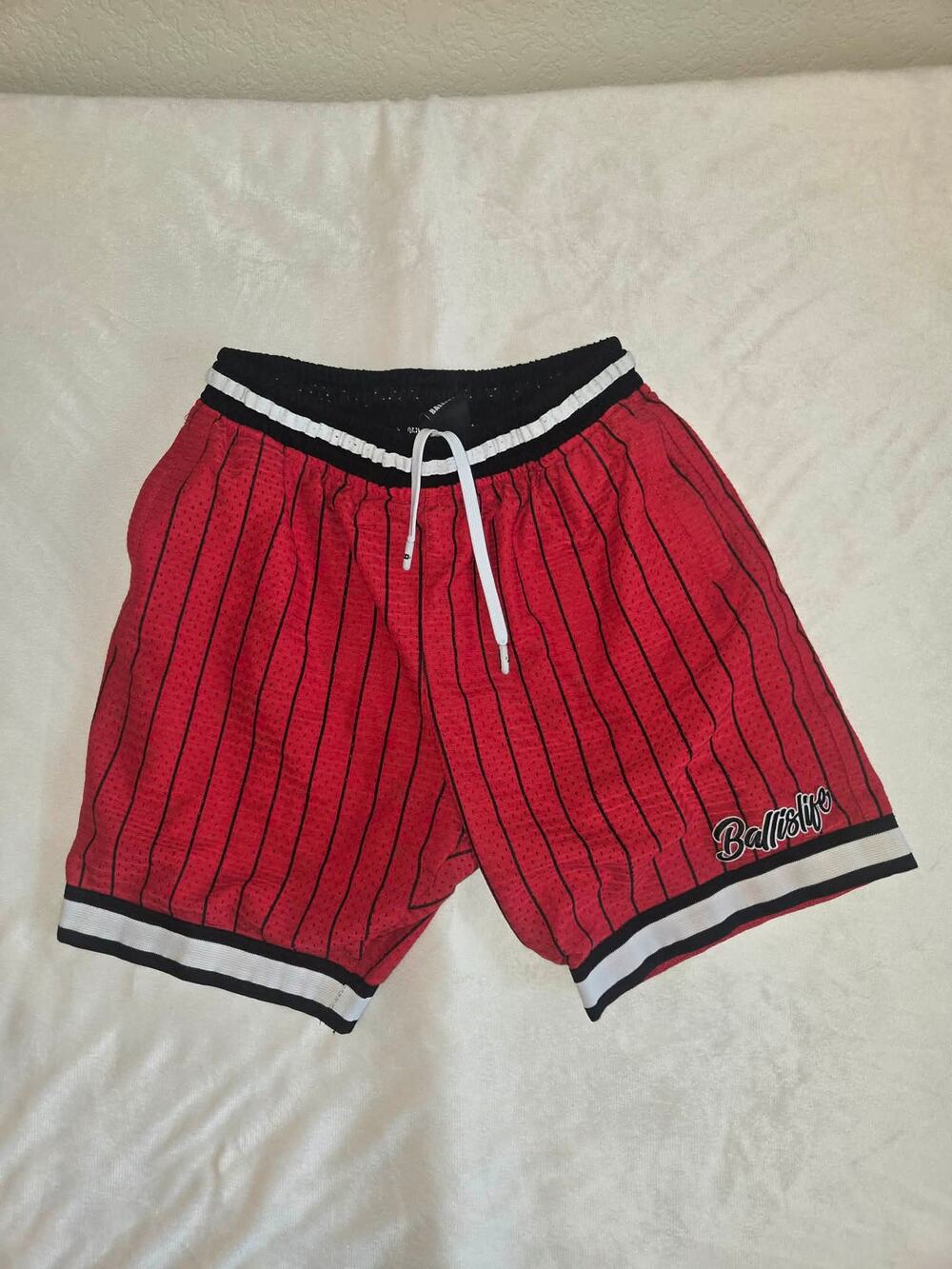 Ball Is Life Red Black Striped Basketball Shorts